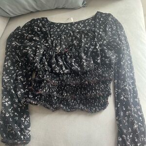 Floral Print Black Free People Top Sheer Long Sleeve L